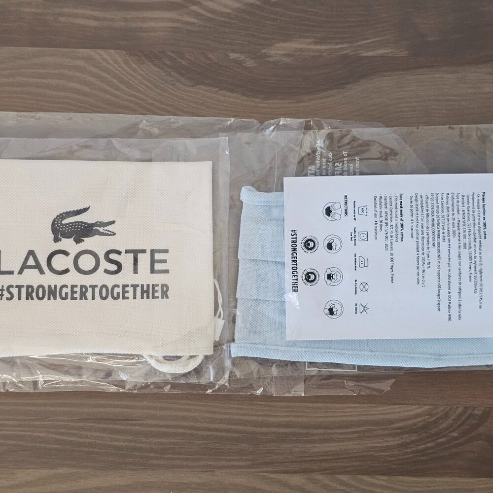 NWT LACOSTE Light Blue Pique Cotton Ear Loop Face Mask W/ Pouch Unisex One Size